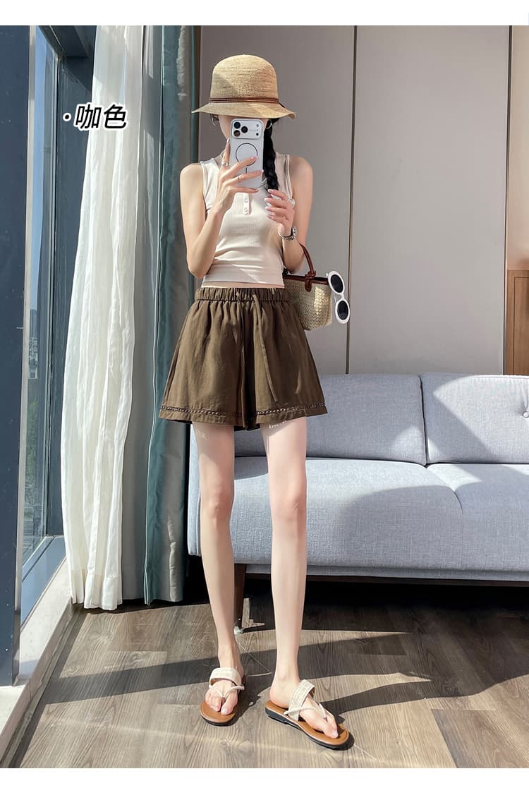 실사 레이스 홀로우 아웃 패치워크 얼음 실크 아마 반바지 여성 여름 하이웨이스트 한 마디 면 린넨 넓은 다리 외출용 3 점 바지 상세 이미지 30