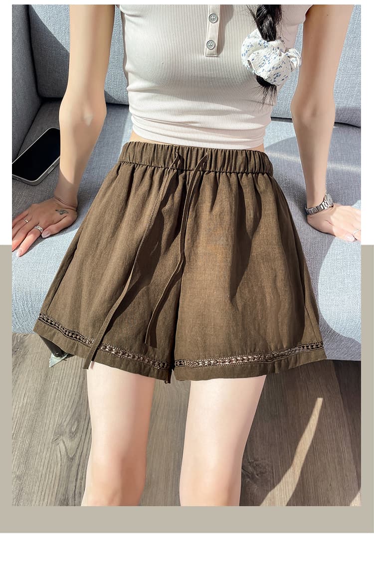 실사 레이스 홀로우 아웃 패치워크 얼음 실크 아마 반바지 여성 여름 하이웨이스트 한 마디 면 린넨 넓은 다리 외출용 3 점 바지 상세 이미지 31