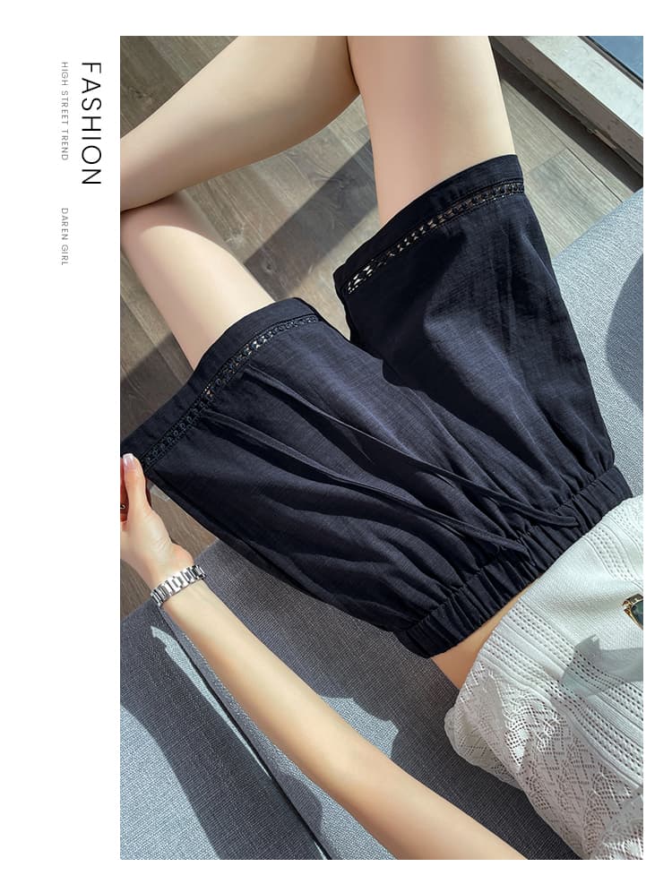 실사 레이스 홀로우 아웃 패치워크 얼음 실크 아마 반바지 여성 여름 하이웨이스트 한 마디 면 린넨 넓은 다리 외출용 3 점 바지 상세 이미지 34