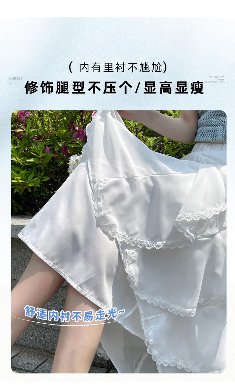 실사 살구 색상 프릴 불규칙 레이스 조각 쉬폰 반신 스커트 여성 여름 하이웨이스트 루즈핏 한 마디 롱 스커트 상세 이미지 8