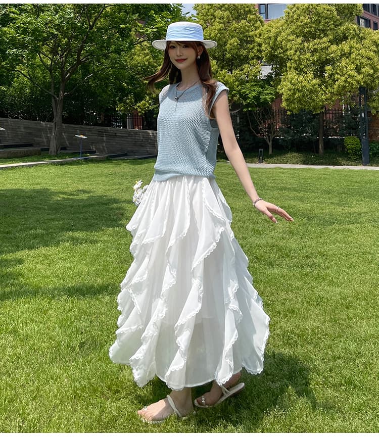 실사 살구 색상 프릴 불규칙 레이스 조각 쉬폰 반신 스커트 여성 여름 하이웨이스트 루즈핏 한 마디 롱 스커트 상세 이미지 23