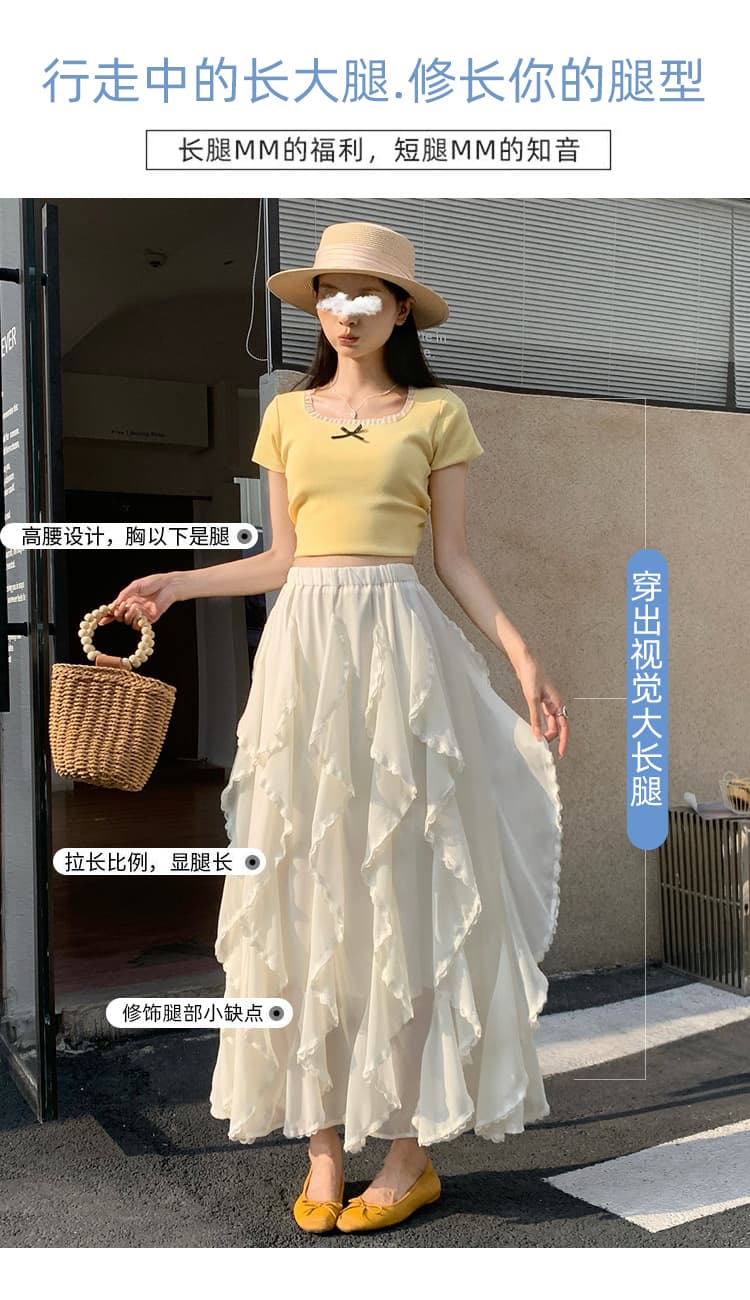 실사 살구 색상 프릴 불규칙 레이스 조각 쉬폰 반신 스커트 여성 여름 하이웨이스트 루즈핏 한 마디 롱 스커트 상세 이미지 9
