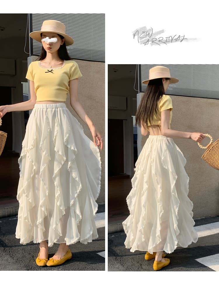 실사 살구 색상 프릴 불규칙 레이스 조각 쉬폰 반신 스커트 여성 여름 하이웨이스트 루즈핏 한 마디 롱 스커트 상세 이미지 16