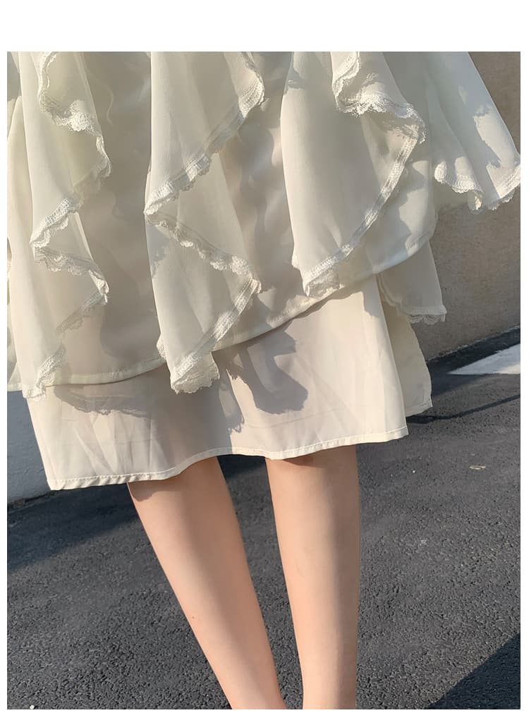 실사 살구 색상 프릴 불규칙 레이스 조각 쉬폰 반신 스커트 여성 여름 하이웨이스트 루즈핏 한 마디 롱 스커트 상세 이미지 21