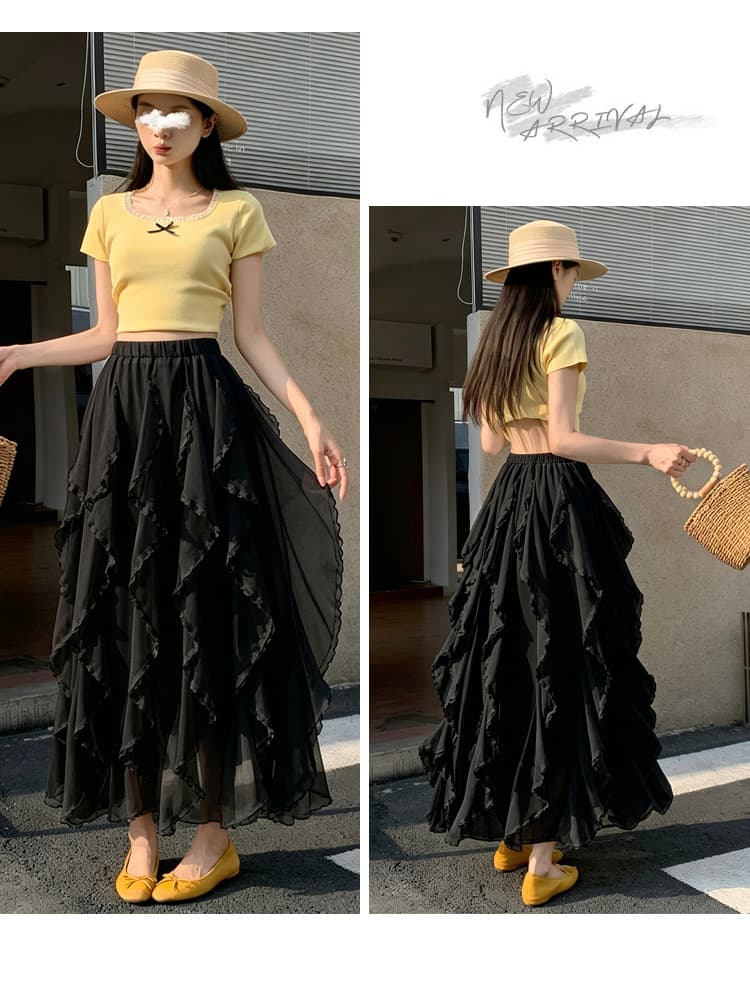 실사 살구 색상 프릴 불규칙 레이스 조각 쉬폰 반신 스커트 여성 여름 하이웨이스트 루즈핏 한 마디 롱 스커트 상세 이미지 31