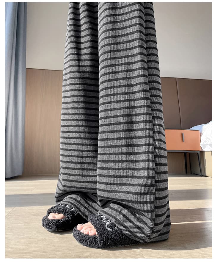 실사 스트라이프 와이드 레깅스 바지 가을 느긋한 바람 허리밴드 루즈핏 도루 센스 캐주얼 스트레이트 니트 굴곡 바지 상세 이미지 29