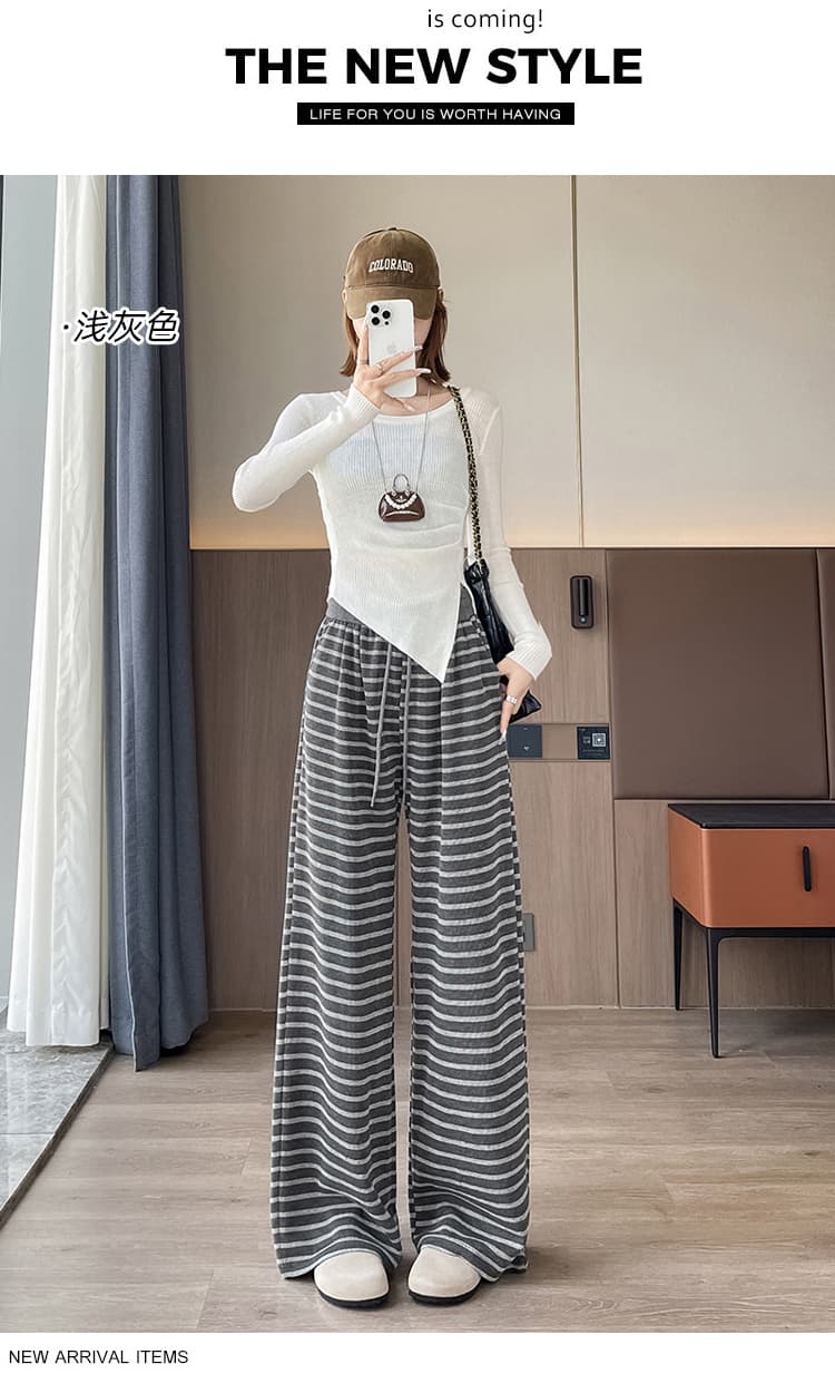 실사 스트라이프 와이드 레깅스 바지 가을 느긋한 바람 허리밴드 루즈핏 도루 센스 캐주얼 스트레이트 니트 굴곡 바지 상세 이미지 30