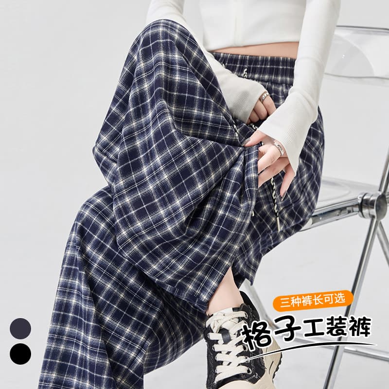 실사 레트로 펌프 로프 체크무늬 워크웨어 모통이 칼 여성 2026 가을 허리밴드 슬림해 보이는 느긋한 바람 캐주얼 와이드 레그 팬츠 이미지 5