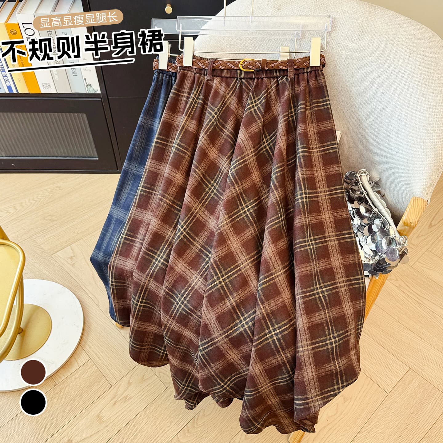 실사 불규칙 체크무늬 반신 스커트 여성 가을 새로운 레트로 체크무늬 허리밴드 슬림해 보이는 중간 길이 A라인 스커트 이미지 2