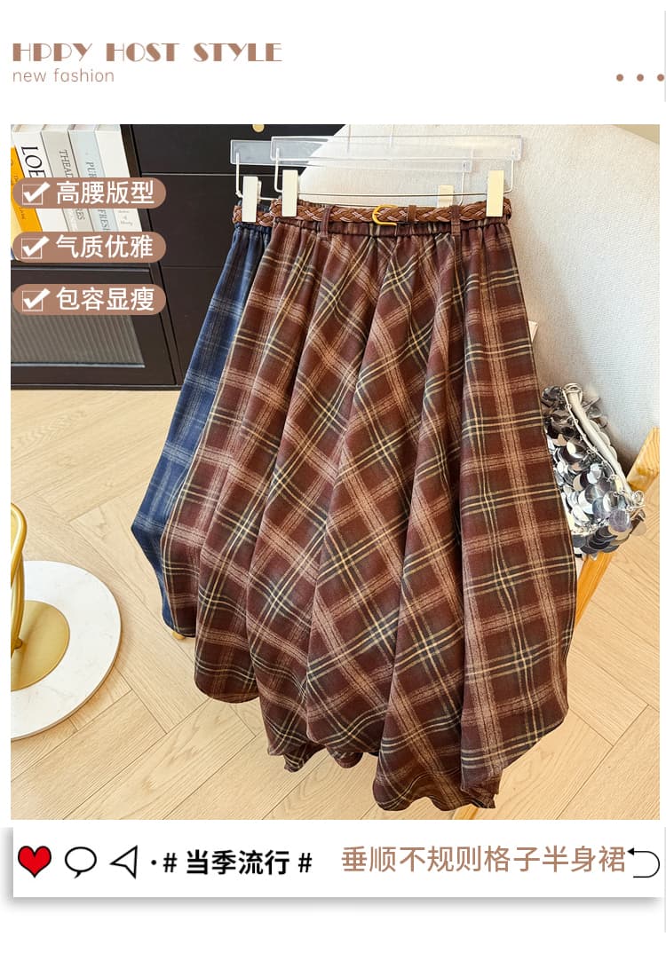 실사 불규칙 체크무늬 반신 스커트 여성 가을 새로운 레트로 체크무늬 허리밴드 슬림해 보이는 중간 길이 A라인 스커트 상세 이미지 1