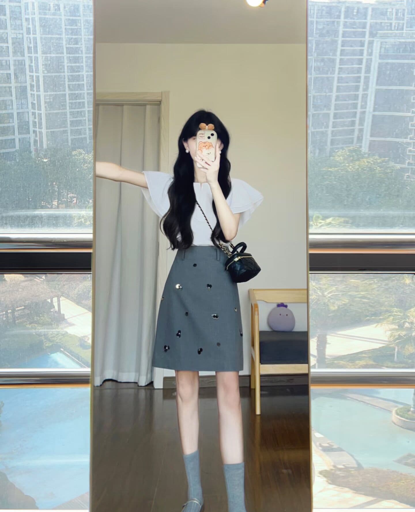 한 부서 착용 가져 가라. 에이즈 환자 여성 세트 여름 화이트 Feifei 소매 셔츠 하이웨이스트 한 마디 타이트 스커트 반신 치마 투피스 세트 이미지 4