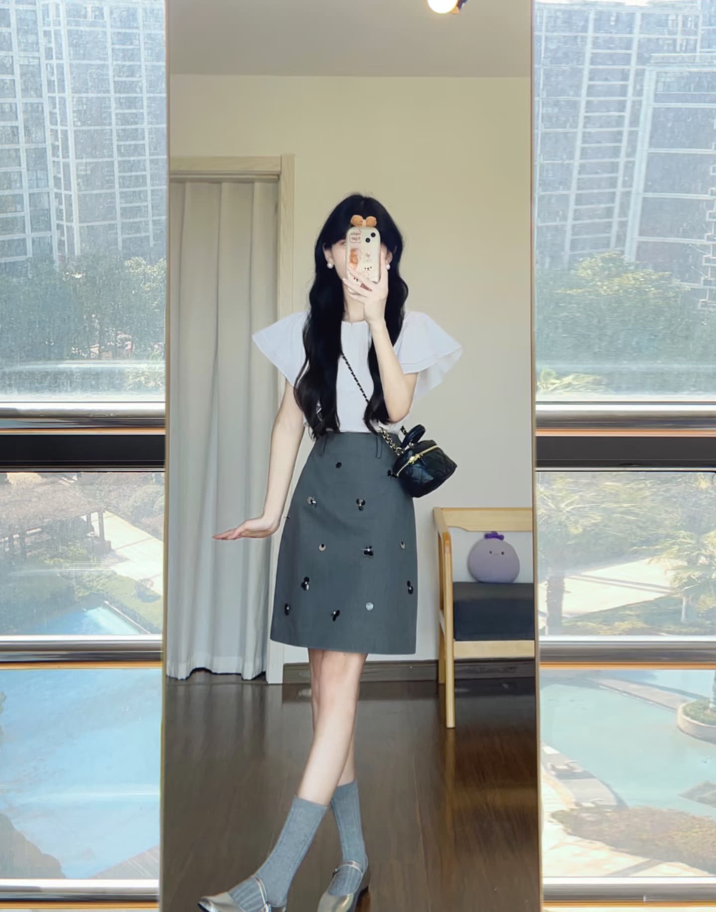 한 부서 착용 가져 가라. 에이즈 환자 여성 세트 여름 화이트 Feifei 소매 셔츠 하이웨이스트 한 마디 타이트 스커트 반신 치마 투피스 세트 상세 이미지 2