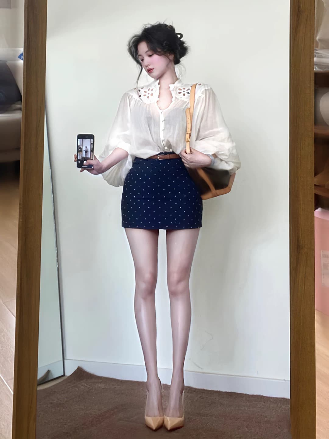 전체 집합 ootd 착용 가져 가라. 세트 디자인 센스 부드러운 바람 홀로우 아웃 화이트 맨위 도트 무늬 반 스커트 투피스 세트 26 여름 이미지 2