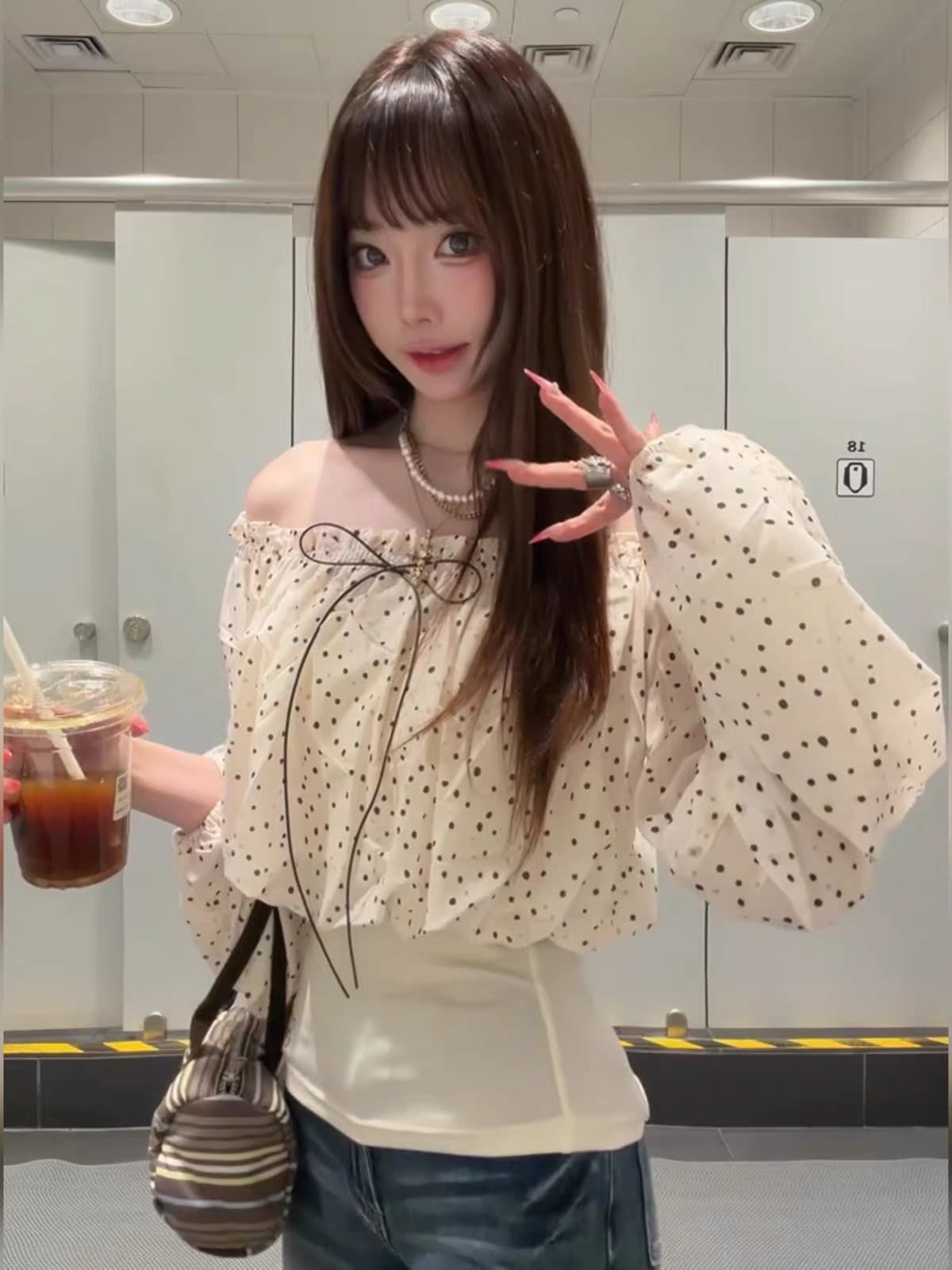 프랑스식 오프숄더 도트 무늬 쉬폰 여성 셔츠 여름 자이언트 잘 생긴 순수한 욕망 아름다운 품격 허리 수축 디자인 센스 맨위 상세 이미지 2