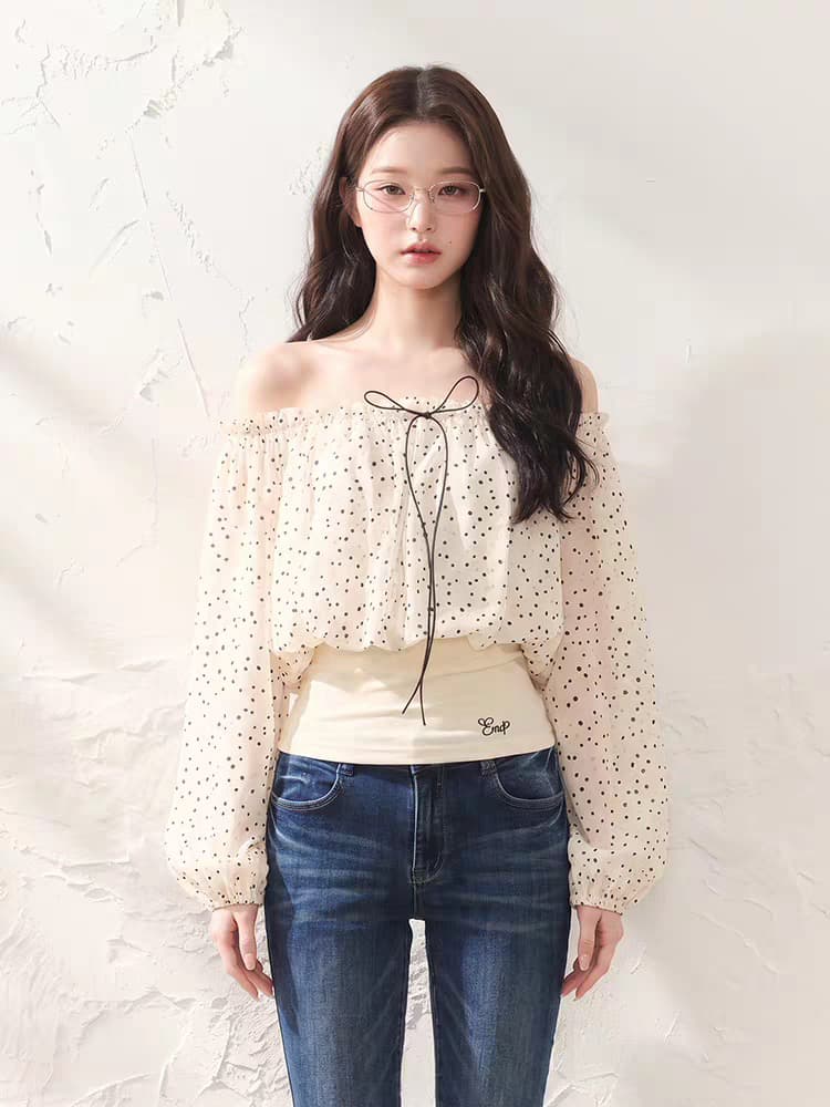 오프숄더 쉬폰 블라우스 여성 가을 도트 무늬 외부 잡아라. 의류 고급 센스 허리 수축 긴팔 이미지 4