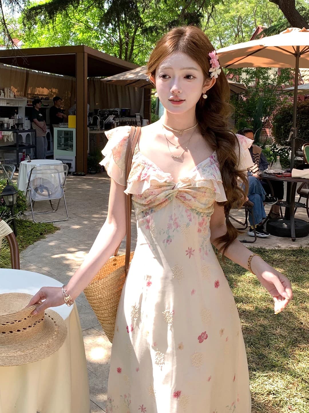 acaine Du 음악 실크 정원 롱 코트 프릴 비틀림 허리 수축 명중 가져 가라. 프린트 여성 드레스 여름 치마