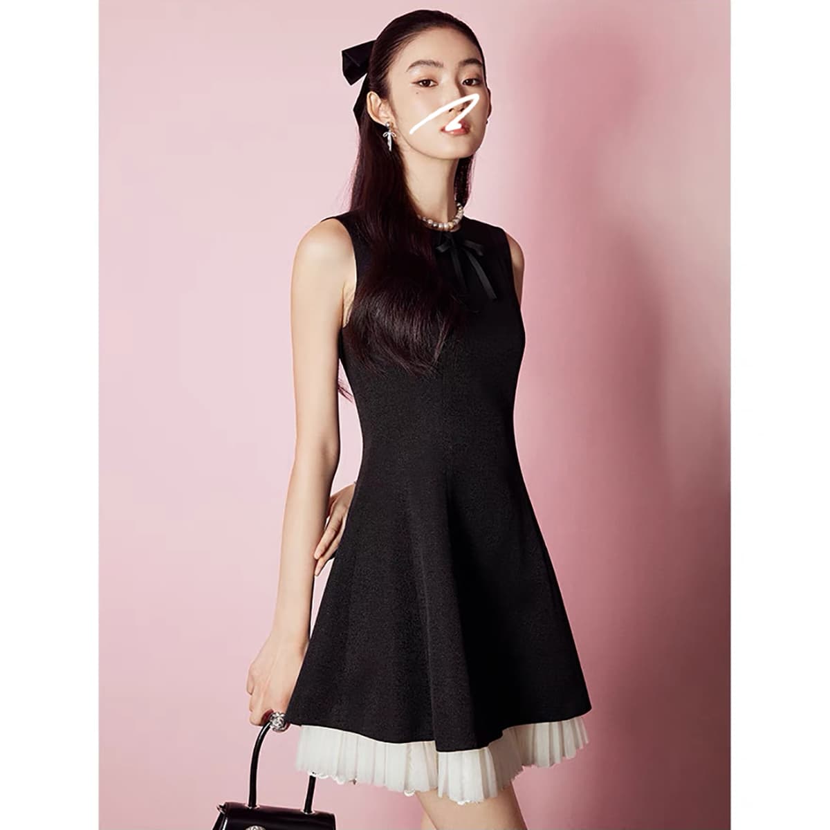 mandyzhang 천 금빛 바람 miu 부서 나비 매듭 검정색 민소매 여성 드레스 여름 허리 수축 조끼 미니 스커트 이미지 4