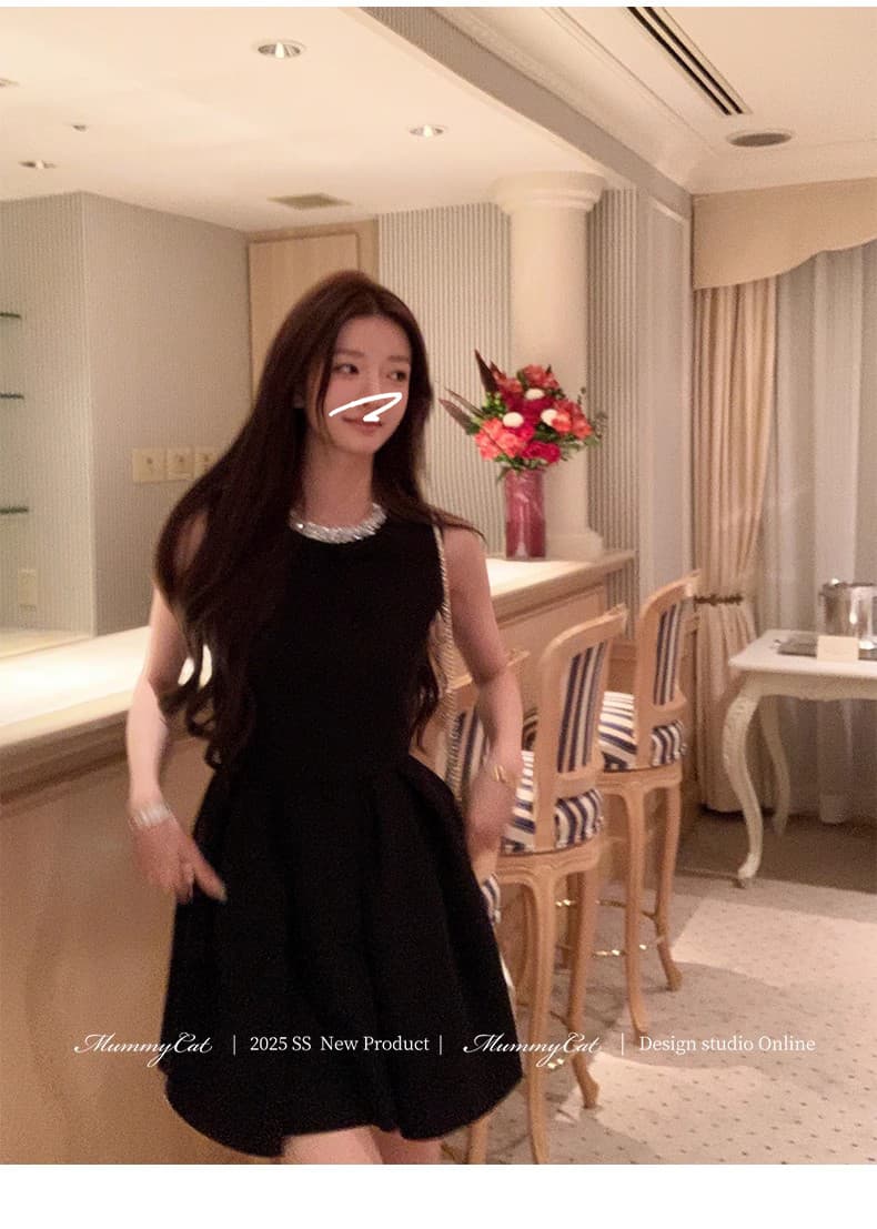 작은 샤넬 스타일 나비 매듭 다이아몬드 세팅 민소매 허리 수축 여성 드레스 여름 무거운 작업 못 훈련 데이트 작은 검은 드레스 상세 이미지 3
