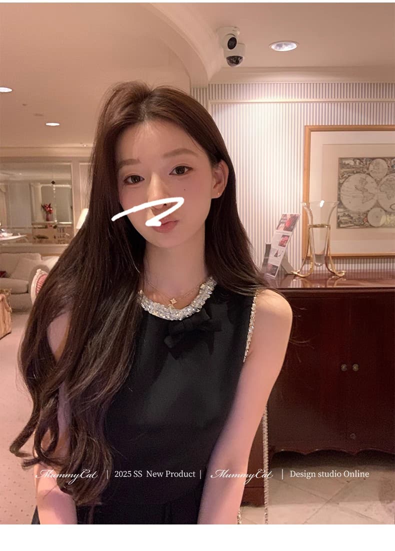 작은 샤넬 스타일 나비 매듭 다이아몬드 세팅 민소매 허리 수축 여성 드레스 여름 무거운 작업 못 훈련 데이트 작은 검은 드레스 상세 이미지 6