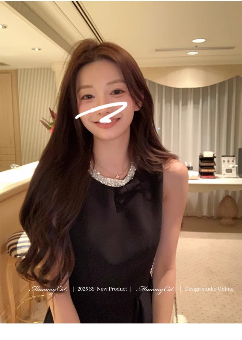 작은 샤넬 스타일 나비 매듭 다이아몬드 세팅 민소매 허리 수축 여성 드레스 여름 무거운 작업 못 훈련 데이트 작은 검은 드레스 상세 이미지 8