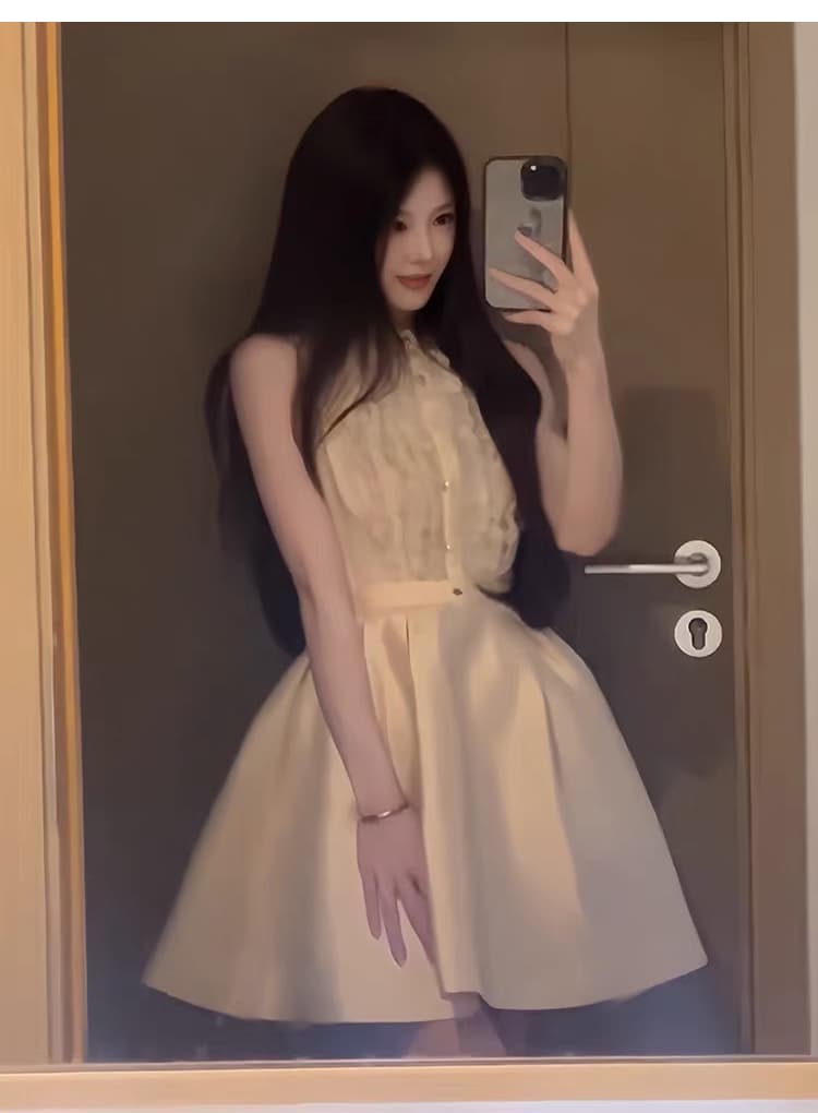 작은 샤넬 스타일 여성 드레스 명문 여성 천 골드 품격 생일 작은 드레스 새틴 레이스 조각 허리 수축 퍼프 미니 스커트 상세 이미지 8