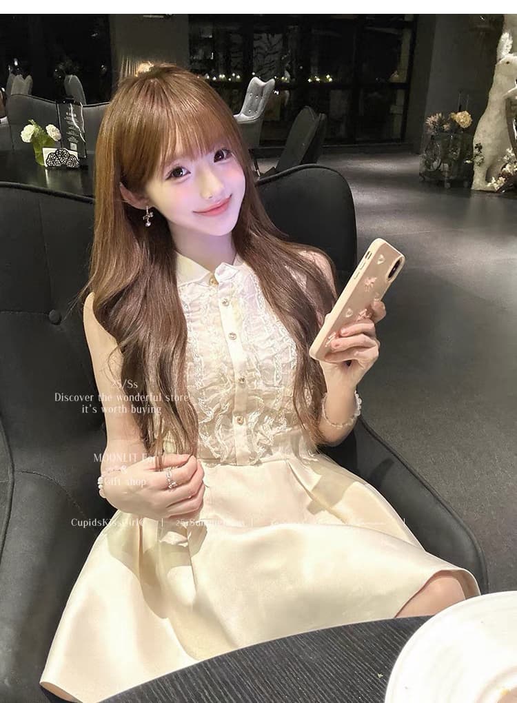 작은 샤넬 스타일 여성 드레스 명문 여성 천 골드 품격 생일 작은 드레스 새틴 레이스 조각 허리 수축 퍼프 미니 스커트 상세 이미지 9