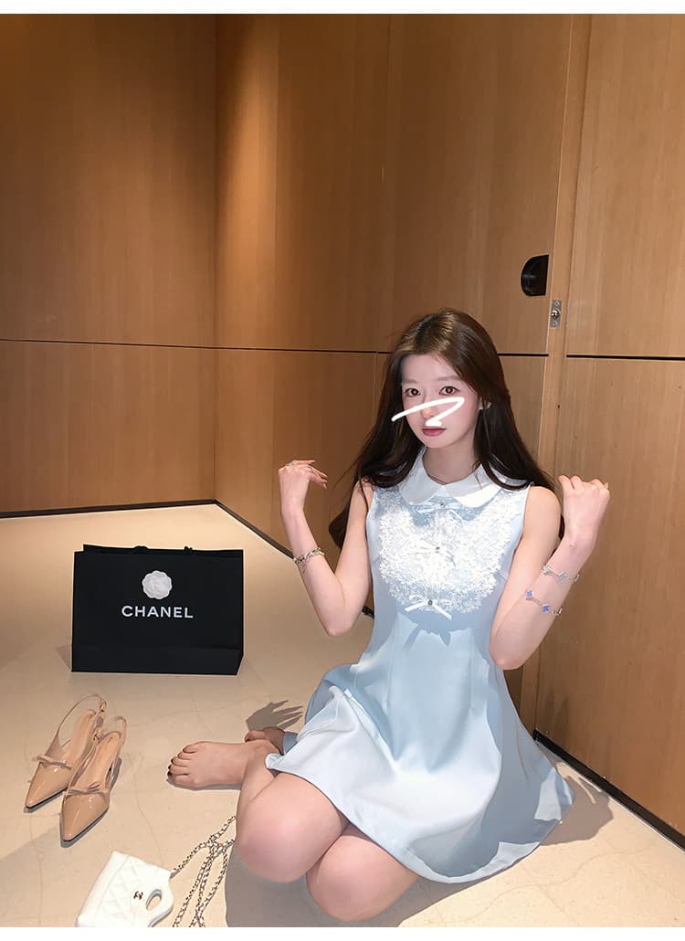 프랑스식 사소한 천 금빛 바람 한 마디 파란색 점프 슈트 미니 스커트 여성 여름 나비 매듭 특별 아름다운 꼬집기 허리 작은 치마 상세 이미지 1