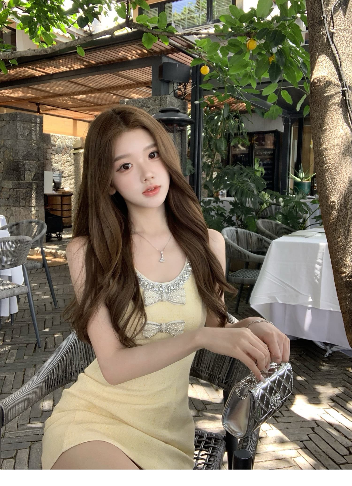 q 여자 집 버터 패키지 빛 럭셔리 플래시 훈련 작은 샤넬 스타일 민소매 프랑스식 드레스 여름 황색 슬림해 보이는 한 마디 미니 스커트 상세 이미지 6