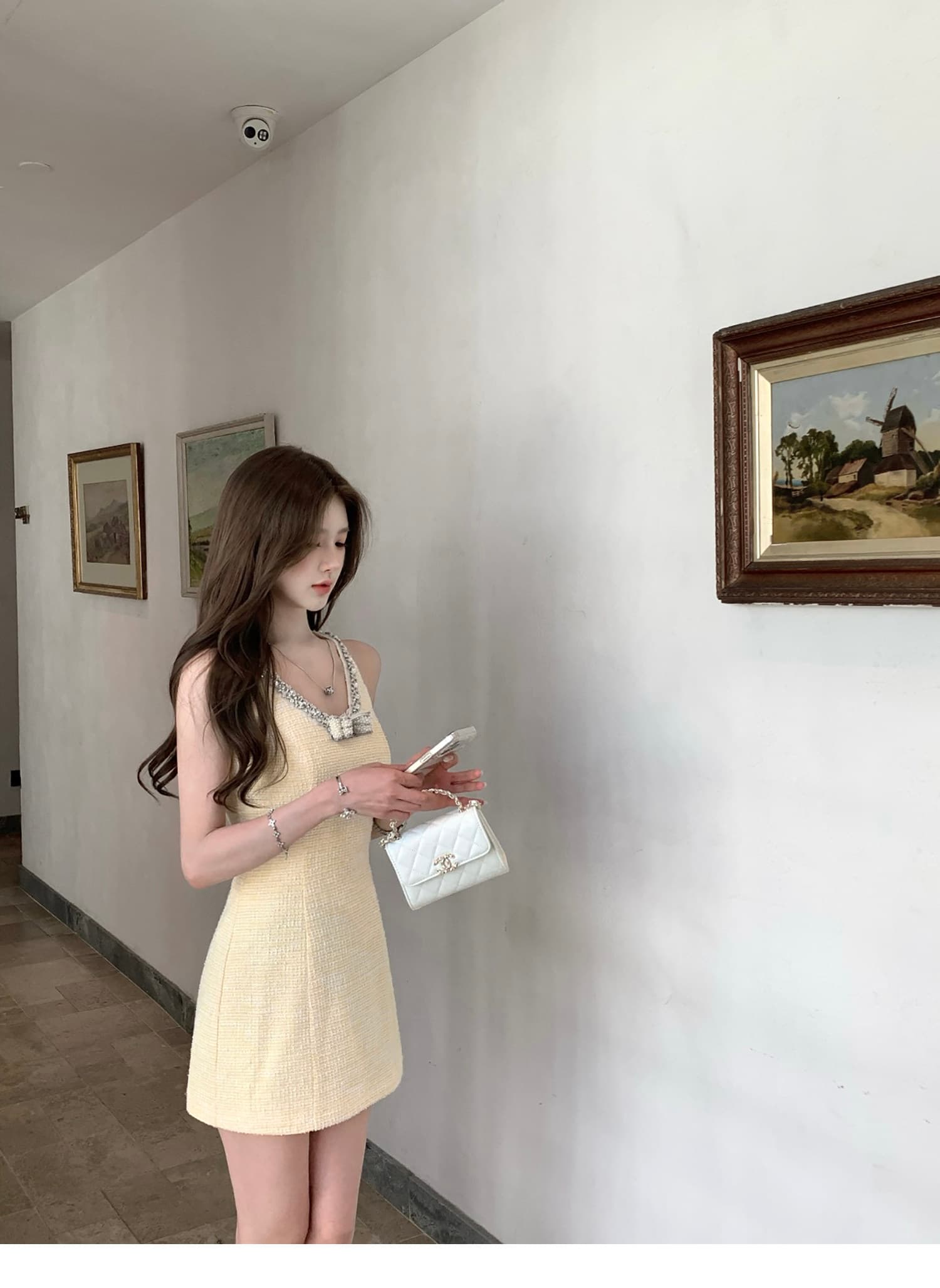 q 여자 집 버터 패키지 빛 럭셔리 플래시 훈련 작은 샤넬 스타일 민소매 프랑스식 드레스 여름 황색 슬림해 보이는 한 마디 미니 스커트 상세 이미지 8