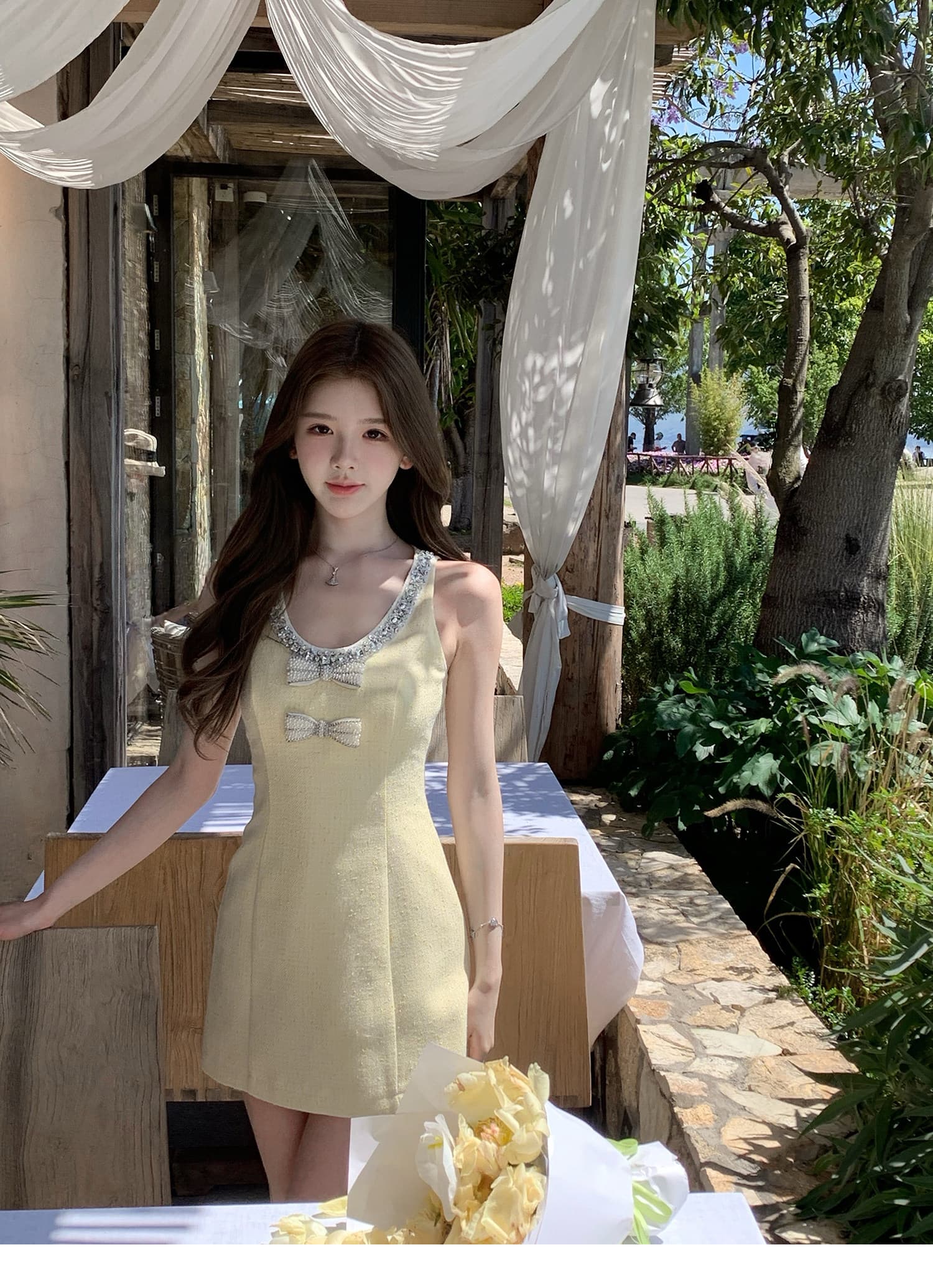 q 여자 집 버터 패키지 빛 럭셔리 플래시 훈련 작은 샤넬 스타일 민소매 프랑스식 드레스 여름 황색 슬림해 보이는 한 마디 미니 스커트 상세 이미지 9