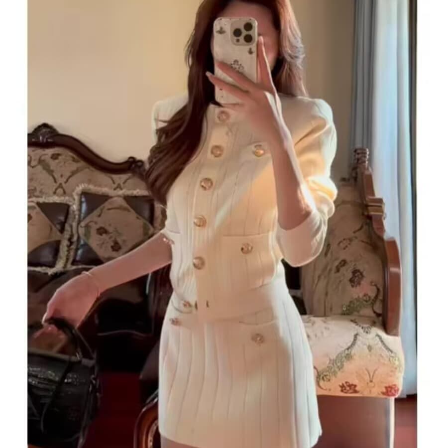 작은 향기 정장 2025 전체 집합 봄에 착용 가져 가라. 하이 엔드 패션 기질 뜨개질 맨위 치마 2 피스 세트 이미지 6