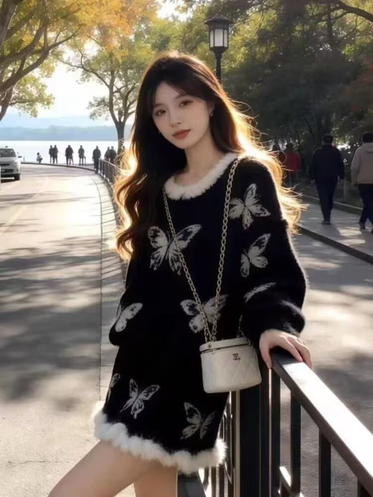 작은 키 가을 겨울 부드러운 바람 세트 여성 고급 센스 나비 매듭 연령 감소 슬림해 보이는 니트 스웨터 미니 스커트 투피스 세트 상세 이미지 3