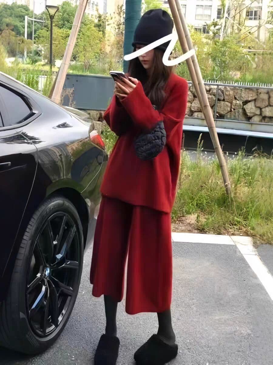 한 부서 느긋한 바람 니트 스웨터 와이드 레그 팬츠 세트 여성 2025 가을 겨울 새로운 빅 사이즈 지방 mm 패션 투피스 세트 이미지 2