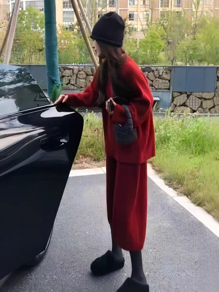 한 부서 느긋한 바람 니트 스웨터 와이드 레그 팬츠 세트 여성 2025 가을 겨울 새로운 빅 사이즈 지방 mm 패션 투피스 세트 상세 이미지 1
