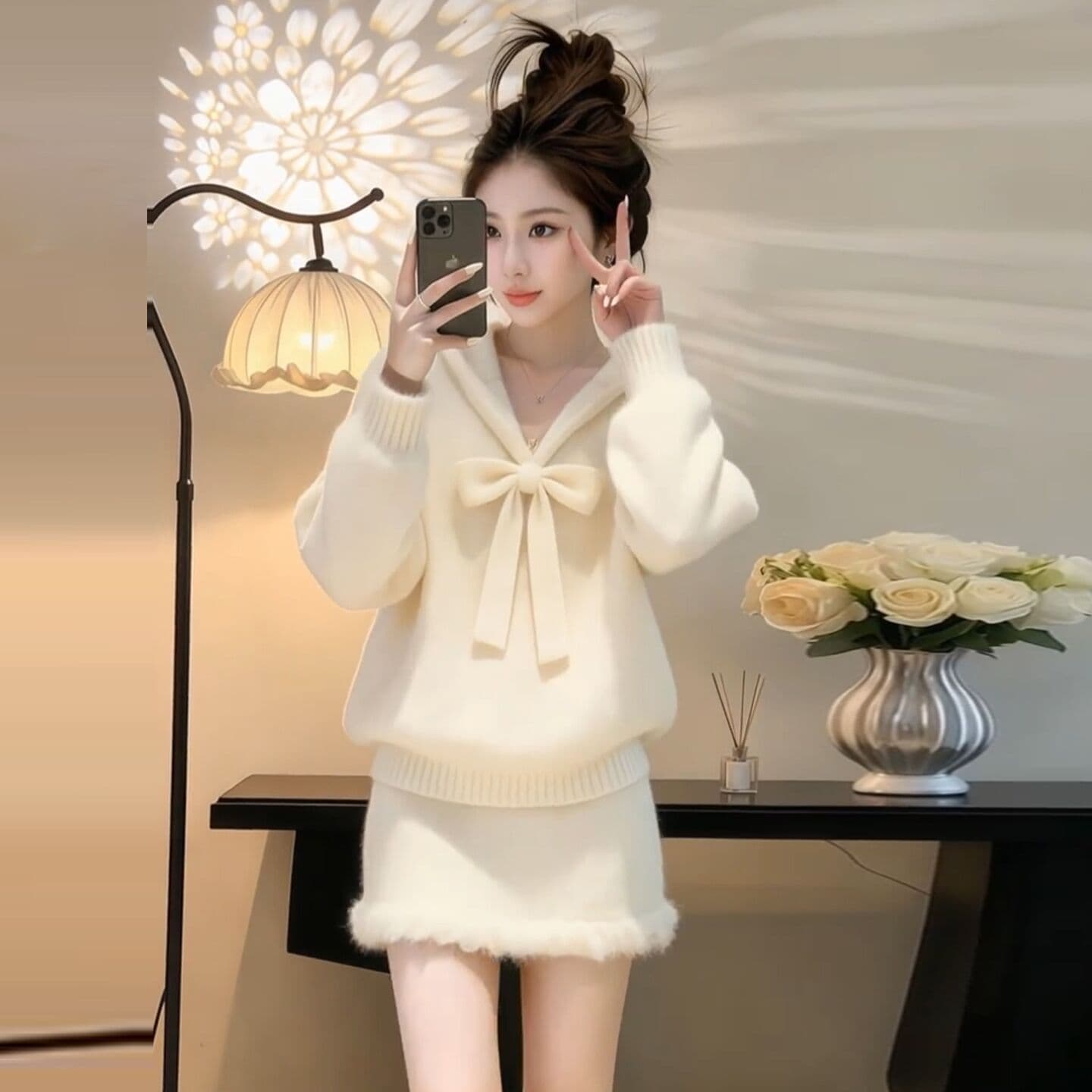 작은 키 가을 겨울 부드러운 바람 세트 여성 나비 매듭 달콤함 연령 감소 슈퍼 잘 생긴 니트 스웨터 미니 스커트 투피스 세트 상세 이미지 2