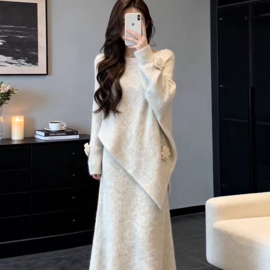 한 부서 부드러운 바람 패션 니트 반신 치마 세트 여성 가을 겨울철 루즈핏 슬림해 보이는 품격 스웨터 세트 치마