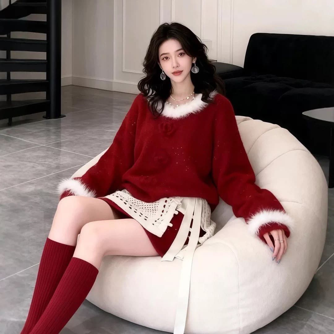 한 부서 아름다운 작은 세트 겨울 의류 신년 빨간색 니트 스웨터 코디 미니 스커트 품격 슬림해 보이는 투피스 슈트 여성 이미지 5