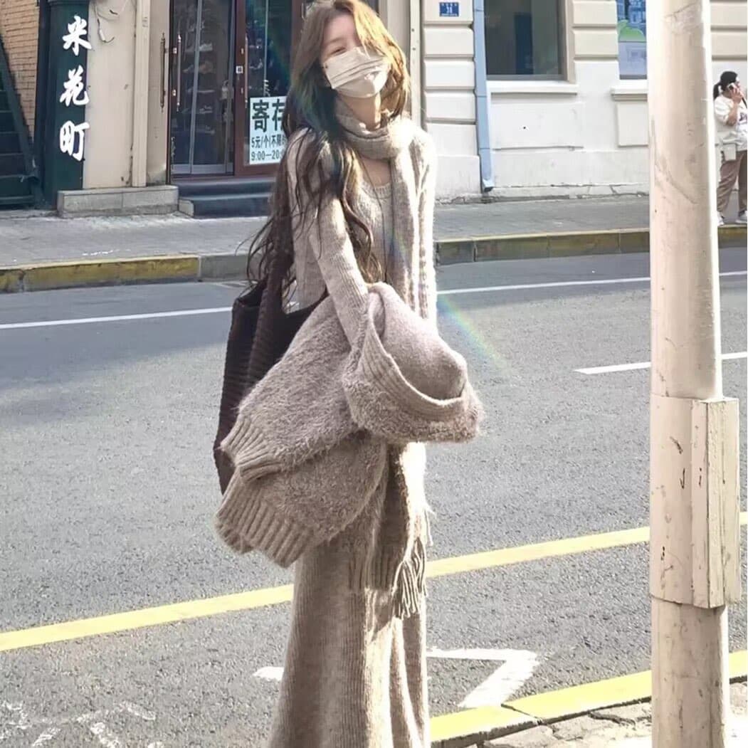가을 겨울 한 부서 다용도 품격 미니멀리즘 분위기 센스 몸매 가꾸기 슬림해 보이는 u 칼라 캐주얼 니트 드레스 경기 스카프 여성 상세 이미지 2