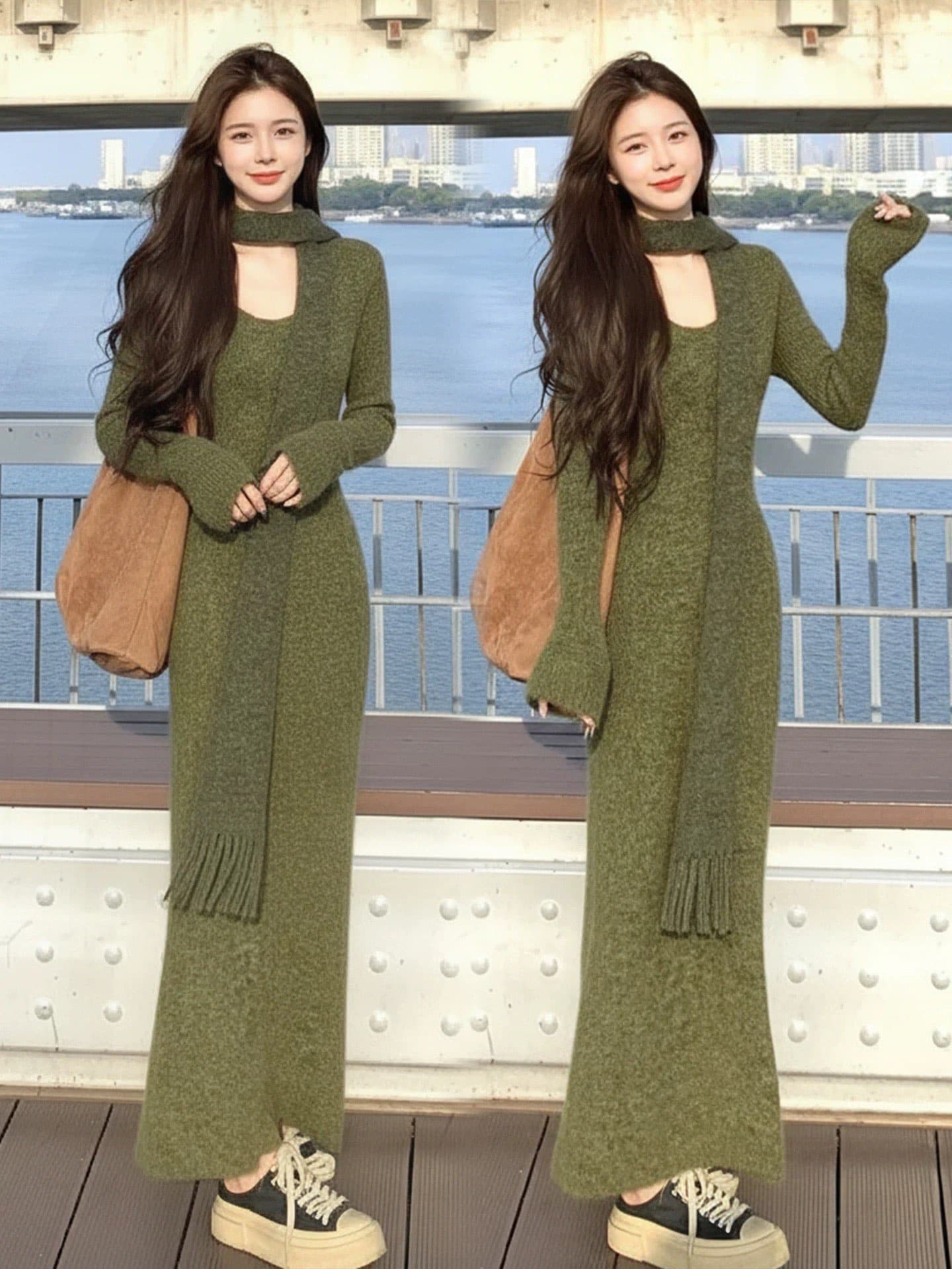 가을 겨울 한 부서 다용도 품격 미니멀리즘 분위기 센스 몸매 가꾸기 슬림해 보이는 u 칼라 캐주얼 니트 드레스 경기 스카프 여성 상세 이미지 3