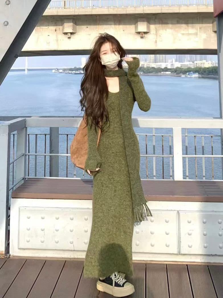 가을 겨울 한 부서 다용도 품격 미니멀리즘 분위기 센스 몸매 가꾸기 슬림해 보이는 u 칼라 캐주얼 니트 드레스 경기 스카프 여성 상세 이미지 4