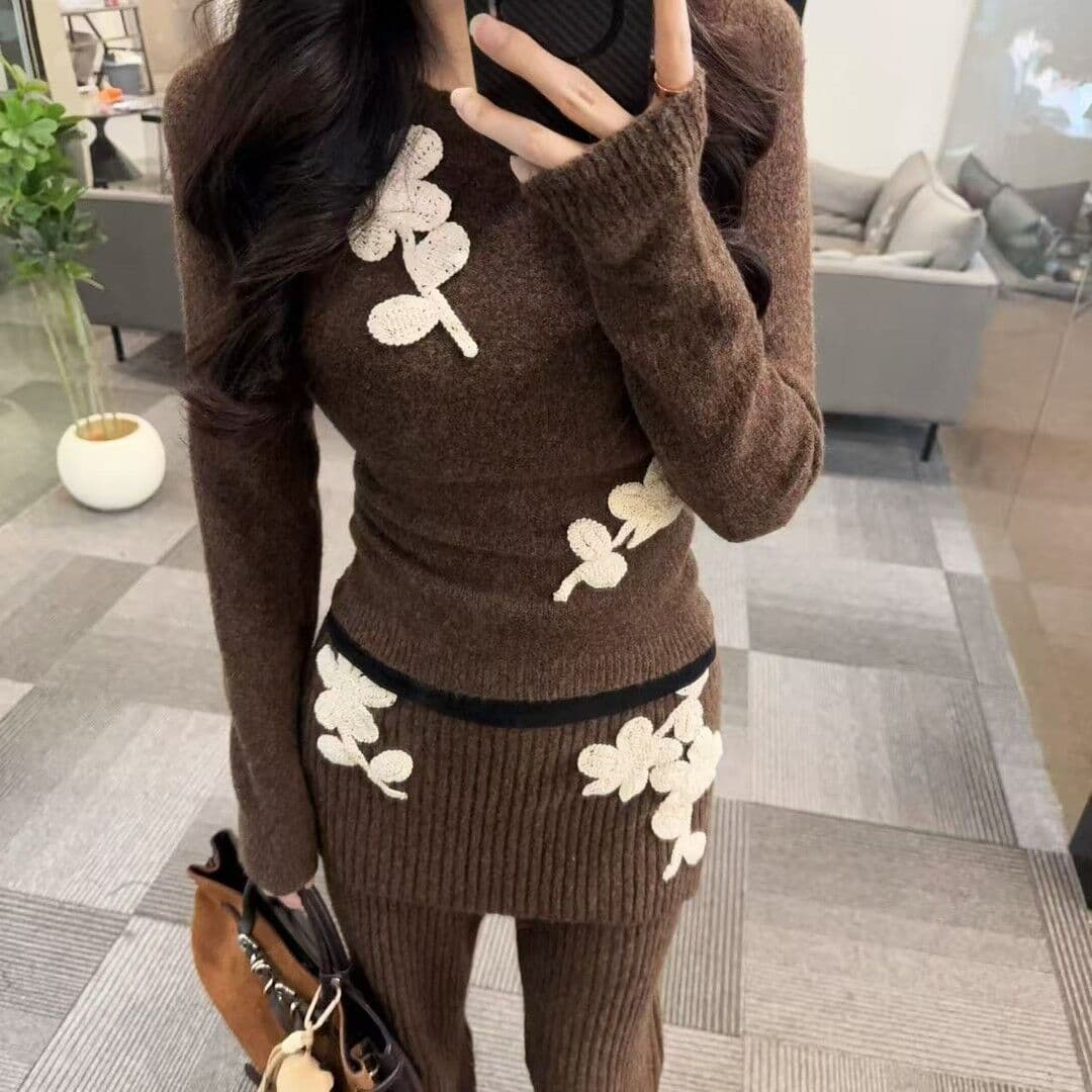 느긋한 바람 패션 겨울 새로운 캐주얼 루즈핏 슬림해 보이는 스웨터 와이드 레그 팬츠 3종 세트
