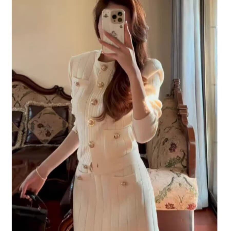 작은 샤넬 스타일 세트 전체 집합 봄에 착용 가져 가라. 고급 패션 품격 니트 맨위 반신 스커트 투피스 세트 상세 이미지 1