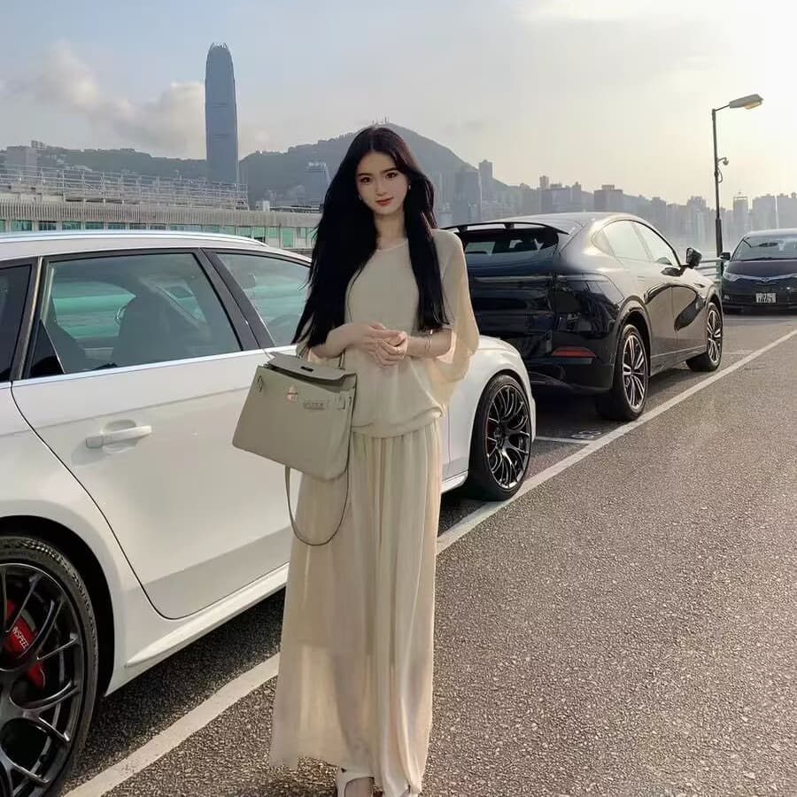 여름 새로운 예술 계열 품격 자매 통기성 아마 주간 실크 반신 롱 스커트 세트