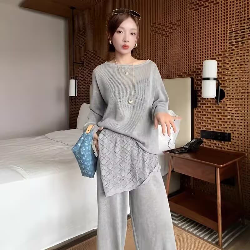 2026 한 부서 느긋한 패션 세트 여성 봄 느슨함 센스 니트 홀로우 아웃 맨위 랩스커트팬츠 캐주얼 바지 투피스 세트 상세 이미지 5