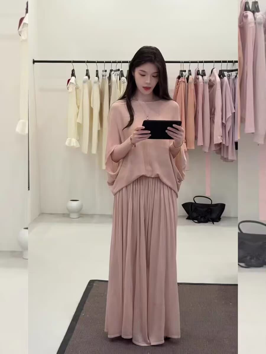 한 부서 전체 집합 ootd 착용 가져 가라. 부드러운 느긋한 바람 루즈핏 니트 블라우스 반신 롱 스커트 아름다운 세트 이른 봄 상세 이미지 3