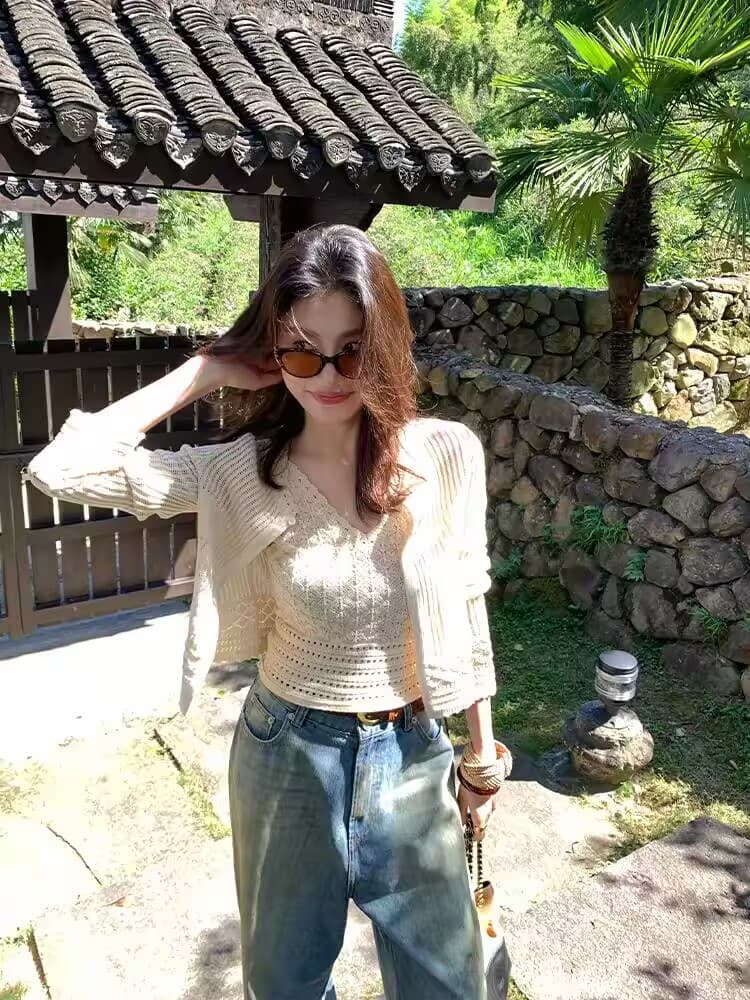 레트로 홀로우 아웃 자수 디자인 센스 니트 오픈 가디건 여성 가을 겨울 루즈핏 외부 가져 가라. 긴팔 재킷 이미지 4