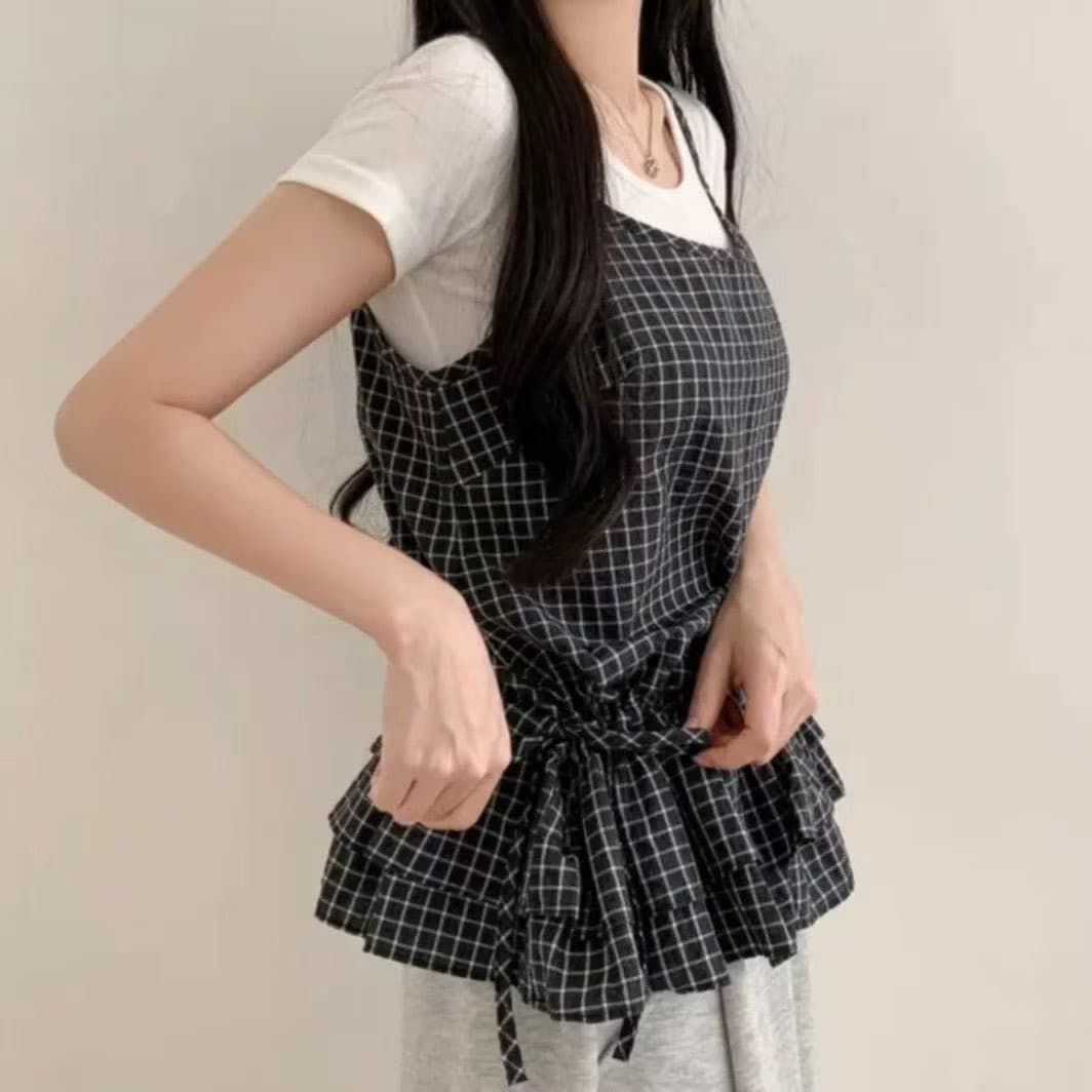 한국 chic 여름 연령 감소 품격 작은 대중 디자인 프릴 펌프 로프 스트랩 작은 체크무늬 캐미솔 맨위 이미지 5