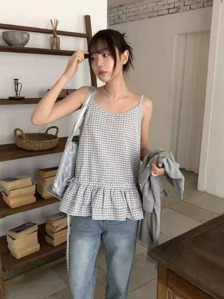 한국 chic 여름 연령 감소 품격 작은 대중 디자인 프릴 펌프 로프 스트랩 작은 체크무늬 캐미솔 맨위 상세 이미지 2