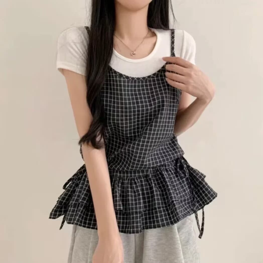 한국 chic 여름 연령 감소 품격 작은 대중 디자인 프릴 펌프 로프 스트랩 작은 체크무늬 캐미솔 맨위 상세 이미지 3
