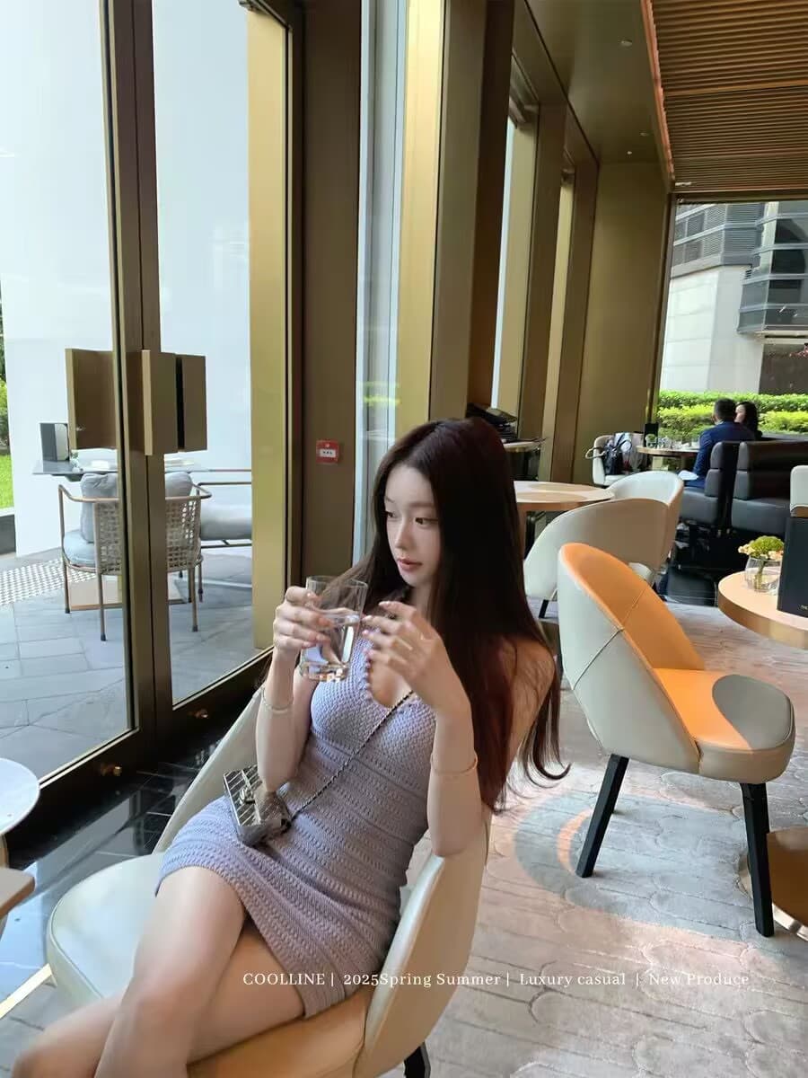 보라색 행침 목 니트 여성 드레스 봄 순수한 욕망 몸매 가꾸기 슬림해 보이는 품격 인어 꼬리 타이트 스커트 롱 스커트 이미지 3